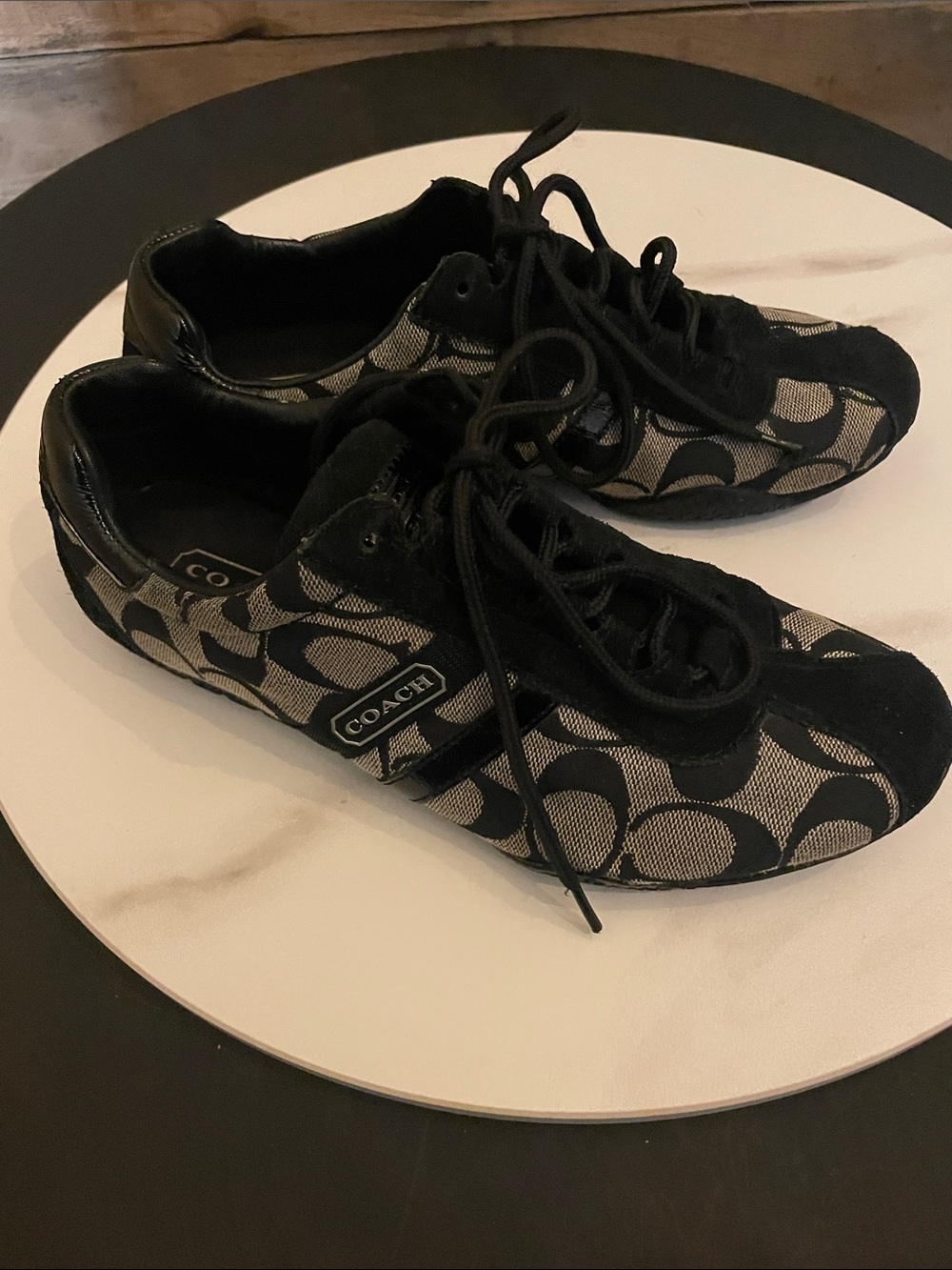 Coach Signature Canvas “Katelyn” Lace-Up Sneakers in Black and Tan